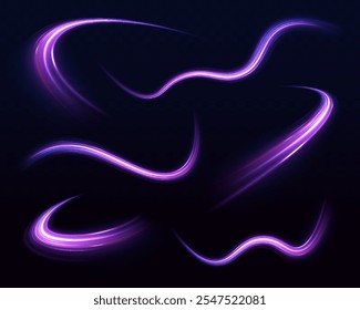 Gran conjunto de líneas de neón ligero en forma de remolino y espirales. Líneas en forma de cometa sobre un fondo oscuro. Corrientes de vórtice de luz de neón. Magia de mover líneas rápidas.	