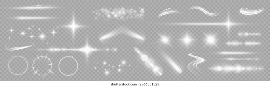 Big set of lighting effects in the form of flashes, glare, light dust, sun and yellow stars. Light effect flashes white glitter, vector glow line glitters.	