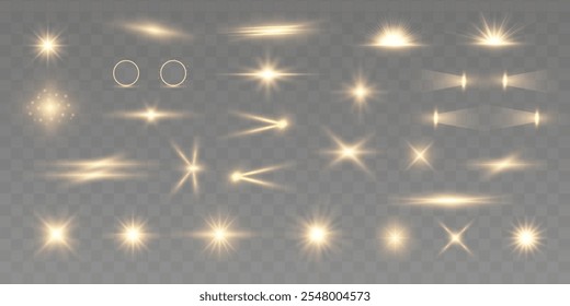 Grande conjunto de efeitos de iluminação na forma de flashes, brilho, poeira leve, sol e estrelas amarelas. Efeito de luz pisca brilho branco, brilho vetorial brilha linha.	