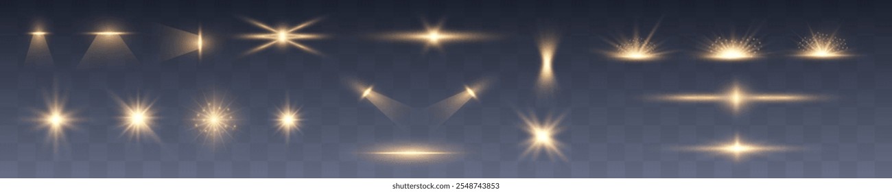 Grande conjunto de efeitos de iluminação na forma de flashes, brilho, poeira leve, sol e estrelas amarelas. Efeito de luz pisca brilho branco, brilho vetorial brilha linha.	