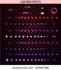 Big set of lighting isolated effect. Magic, bright, brilliant realistic patches of light. Shining star background and design. 