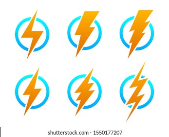 Big set of Lightning icons. Vector lightning in circle. Color electric power logo design element, isolated.