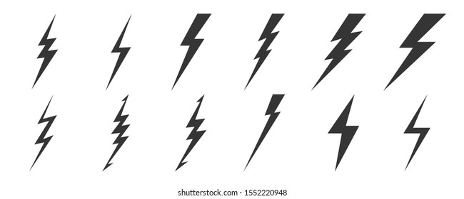 Big set of Lightning icons. Vector lightnings. Black electric power logo design element, isolated.