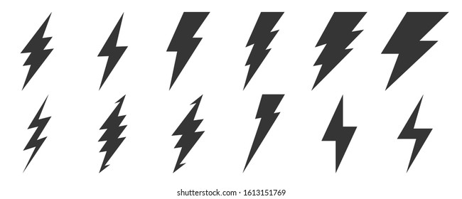 Big set of Lightning icons. Vector lightnings. Black electric power logo design element, isolated.