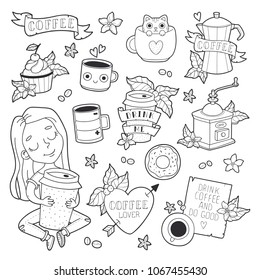 Big set of line art icons: girl hug a mug, cat in a cup, coffe lover icon, cupcake, letter, paper cup, donut, coffe maker, flowers and leaves.