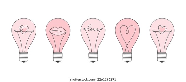 Big set of line bulb for st. Valentines day. Valentines day, wedding and love concept. Perfect for scrapbooking, greeting card, stickers, party invitation.