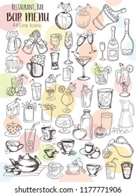 Big set of line drinks icons, hand drawn sketches, design elements for menu, restaurant bar, cafe, vector illustration