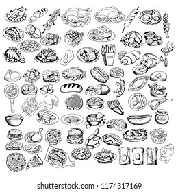 Big set line icons of varied food - meat, fish, soups, snacks, design elements for restaurant menu, cafe, hand drawing black and white sketches, vector illustration