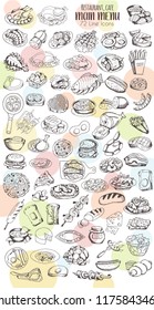 Big set line icons of varied food - meat, fish, soups, snacks, design elements for restaurant menu, cafe, hand drawing black and white sketches, vector illustration