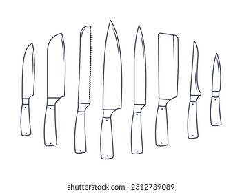 BIg set of line kitchen knives types. Knife for meat, fish, butter and other different vector icons.