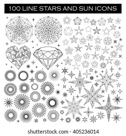 Big set of line stars, sun, diamond and heart icons. Black and white vector illustration. Isolated on light background. Decorative objects coloring book. Tattoo, logo design elements. Success concept.