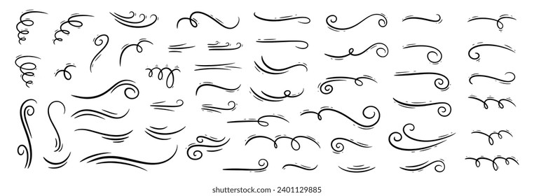 Big set of line winds. Air, wind, swirl in doodle illustration style. Vector illustration on white background