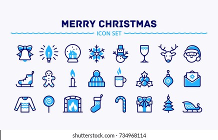 Big set of linear Christmas and New Year icons. Trendy thin lines pictograms for winter holidays. Vector.