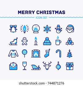 Big set of linear Christmas and New Year icons. Trendy thin lines pictograms for winter holidays. Vector.
