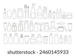 Big set of linear cosmetics packaging - jars, bottles, tubes, facial roller, brushes. Skin and body care, beauty routine, SPF protection. Organic eco cosmetics icons, logos, doodles. Coloring book. 