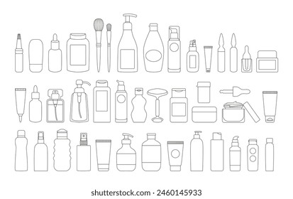 Big set of linear cosmetics packaging - jars, bottles, tubes, facial roller, brushes. Skin and body care, beauty routine, SPF protection. Organic eco cosmetics icons, logos, doodles. Coloring book. 