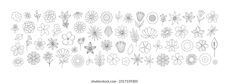 Big set of linear retro flowers, doodles. Line art botanical stickers, emblems, logo, icons. Wildflowers, groovy daisies. Modern simple art. Nostalgia vintage.