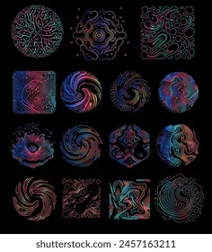 Big set of linear retrofuturistic geometric shapes and forms with psychedelic pattern in neon holographic vibrant colors. 