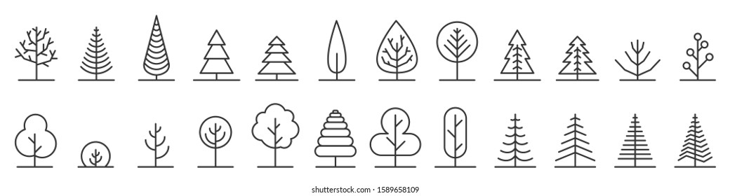 Big set of linear trees icons. Isolated outline trees icons. Trees icons set in thin line style. Black vector illustration