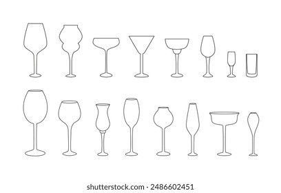Big set of linear wine glasses and goblets. Outline logo, icon, doodle. Wine tasting. Sommelier. Party, birthday celebration time. Contour. 