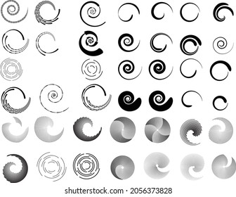 Big set of lines in Circle Form . Spiral Vector Illustration .Big collection of round Logos . Design element . Abstract Geometric circular shapes .Rotating radial lines collection. Concentric circles