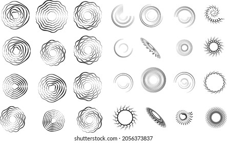 Big set of lines in Circle Form . Spiral Vector Illustration .Big collection of round Logos . Design element . Abstract Geometric circular shapes .Rotating radial lines collection. Concentric circles