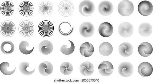 Big set of lines in Circle Form . Spiral Vector Illustration .Big collection of round Logos . Design element . Abstract Geometric circular shapes .Rotating radial lines collection. Concentric circles