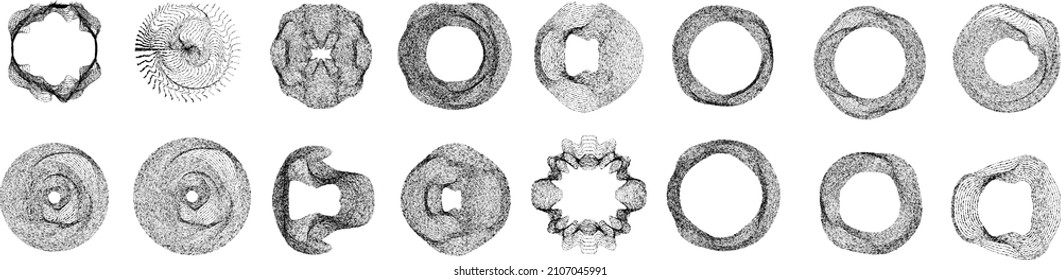 Big set of lines in Circle Form . Spiral Vector Illustration .Big collection of round Logos . Rouhgen edges . Abstract Geometric circular shapes .Rotating radial lines collection. Concentric circles