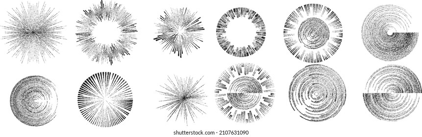 Big set of lines in Circle Form . Spiral Vector Illustration .Big collection of round Logos . Rouhgen edges . Abstract Geometric circular shapes .Rotating radial lines collection. Concentric circles