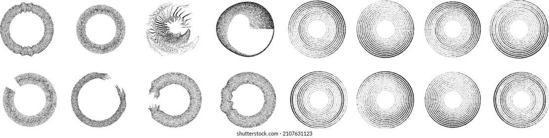 Big set of lines in Circle Form . Spiral Vector Illustration .Big collection of round Logos . Rouhgen edges . Abstract Geometric circular shapes .Rotating radial lines collection. Concentric circles