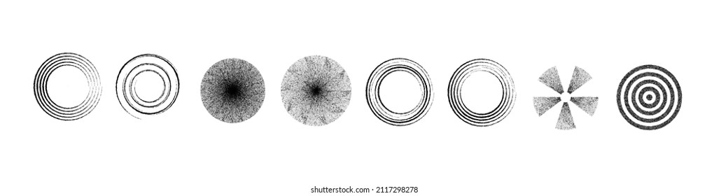 Gran conjunto de líneas en forma circular . Ilustración de vectores espirales .Gran colección de logotipos redondos . Bordes de Rouhgen. Resumen Formas circulares geométricas.Colección de líneas radiales giratorias. Círculos concéntricos
