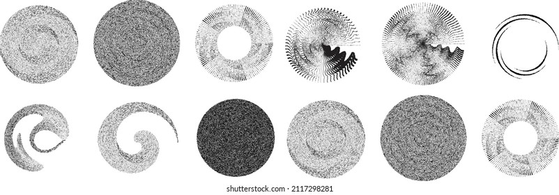 Gran conjunto de líneas en forma circular . Ilustración de vectores espirales .Gran colección de logotipos redondos . Bordes de Rouhgen. Resumen Formas circulares geométricas.Colección de líneas radiales giratorias. Círculos concéntricos