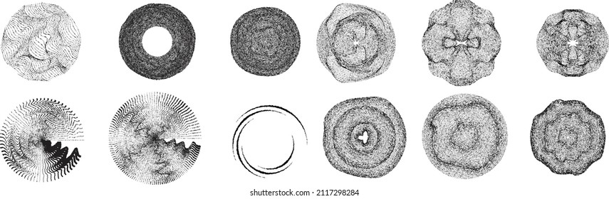 Big set of lines in Circle Form . Spiral Vector Illustration .Big collection of round Logos . Rouhgen edges . Abstract Geometric circular shapes .Rotating radial lines collection. Concentric circles