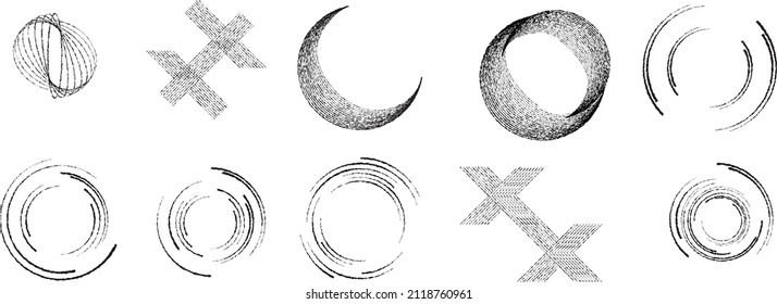 Gran conjunto de líneas en forma circular . Ilustración de vectores espirales .Gran colección de logotipos redondos . Bordes de Rouhgen. Resumen Formas circulares geométricas.Colección de líneas radiales giratorias. Círculos concéntricos