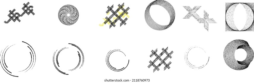 Big set of lines in Circle Form . Spiral Vector Illustration .Big collection of round Logos . Rouhgen edges . Abstract Geometric circular shapes .Rotating radial lines collection. Concentric circles