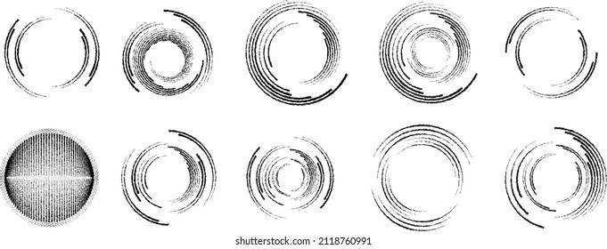Big set of lines in Circle Form . Spiral Vector Illustration .Big collection of round Logos . Rouhgen edges . Abstract Geometric circular shapes .Rotating radial lines collection. Concentric circles