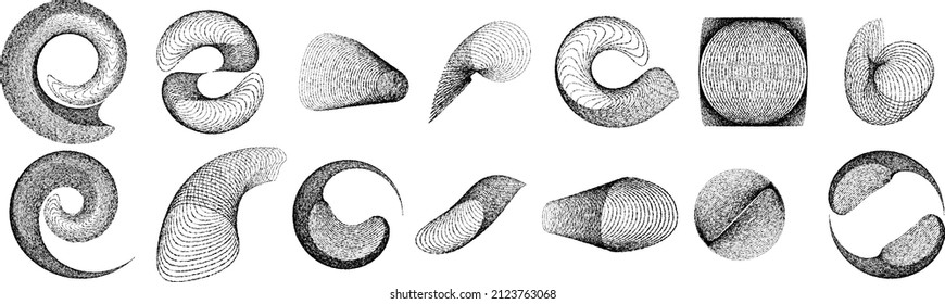 Big set of lines in Circle Form . Spiral Vector Illustration .Big collection of round Logos . Rouhgen edges . Abstract Geometric circular shapes .Rotating radial lines collection. Concentric circles