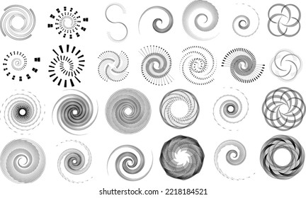 Gran conjunto de líneas en forma circular . Ilustración de vectores espirales .Gran colección de logotipos redondos . Bordes de Rouhgen. Resumen Formas circulares geométricas.Colección de líneas radiales giratorias. Círculos concéntricos