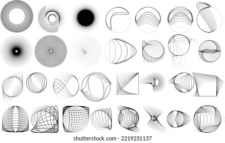 Big set of lines in Circle Form . Spiral Vector Illustration .Big collection of round Logos .  . Abstract Geometric circular shapes .Rotating radial lines collection. Concentric circles