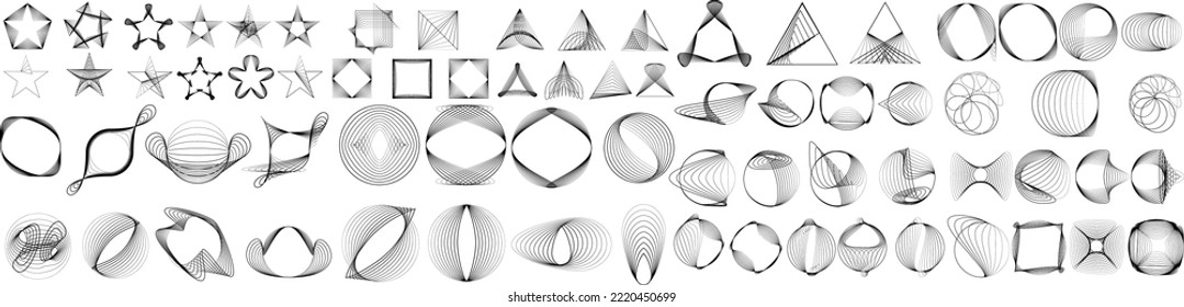 Big set of lines in Circle Form . Spiral Vector Illustration .Big collection of round Logos .  . Abstract Geometric circular shapes .Rotating radial lines collection. Concentric circles