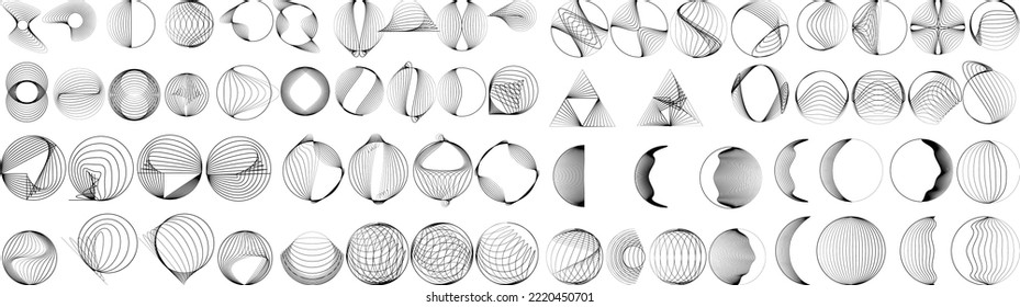 Big set of lines in Circle Form . Spiral Vector Illustration .Big collection of round Logos .  . Abstract Geometric circular shapes .Rotating radial lines collection. Concentric circles
