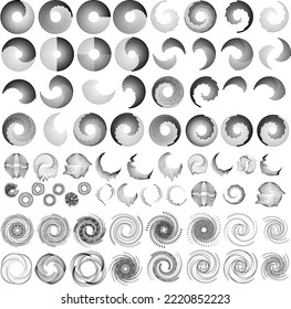 Big set of lines in Circle Form . Spiral Vector Illustration .Big collection of round Logos .  . Abstract Geometric circular shapes .Rotating radial lines collection. Concentric circles