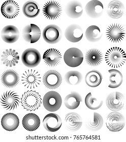Big set Lines in Circle Form . Spiral Vector Illustration .Technology round Logo . Design element . Large collection of Abstract Geometric shape . Striped border frame for image