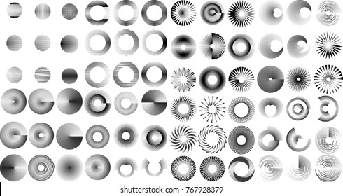 Big set Lines in Circle Form . Spiral Vector Illustration .Technology round Logo . Design element . Large collection of Abstract Geometric shape . Striped border frame for image