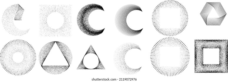 Big set of lines in various shape . Spiral Vector Illustration .Big collection of round Logos . Rouhgen edges . Abstract Geometric circular shapes .Rotating radial lines collection. Concentric circles