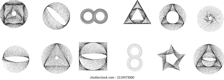 Big set of lines in various shape . Spiral Vector Illustration .Big collection of round Logos . Rouhgen edges . Abstract Geometric circular shapes .Rotating radial lines collection. Concentric circles