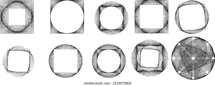Big set of lines in various shape . Spiral Vector Illustration .Big collection of round Logos . Rouhgen edges . Abstract Geometric circular shapes .Rotating radial lines collection. Concentric circles
