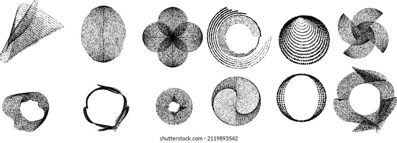 Big set of lines in various shape . Spiral Vector Illustration .Big collection of round Logos . Rouhgen edges . Abstract Geometric circular shapes .Rotating radial lines collection. Concentric circles