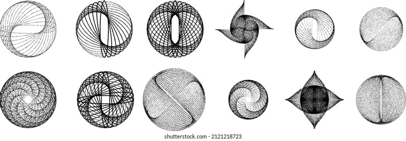 Gran conjunto de líneas en varias formas. Ilustración de vectores espirales .Gran colección de logotipos redondos . Bordes de Rouhgen. Resumen Formas circulares geométricas.Colección de líneas radiales giratorias. Círculos concéntricos