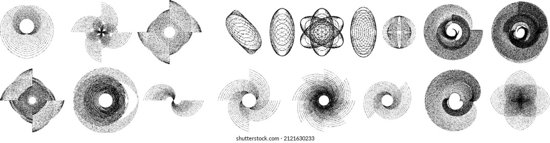 Big set of lines in various shape . Spiral Vector Illustration .Big collection of round Logos . Rouhgen edges . Abstract Geometric circular shapes .Rotating radial lines collection. Concentric circles
